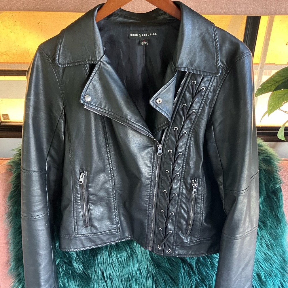 Rock & Republic Black Leather Moto Jacket with Lace-Up Detail and Gunmetal